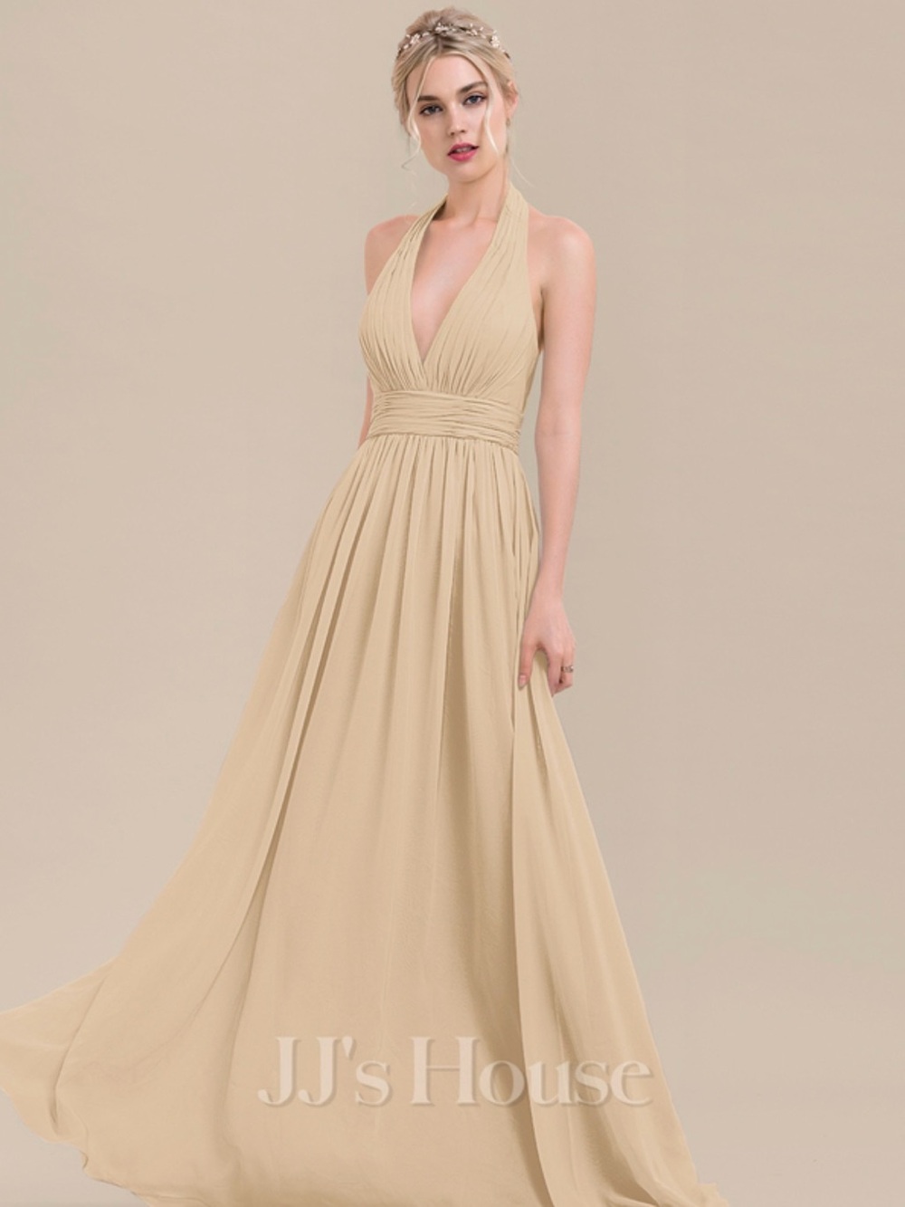 JJ’s house champagne A line chiffon floor length bridesmaid dress w ruffle 18W